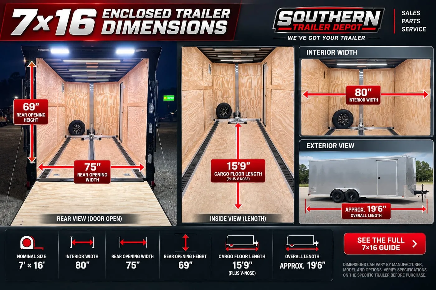 7x16 enclosed trailer dimensions diagram showing interior width, rear opening and overall length