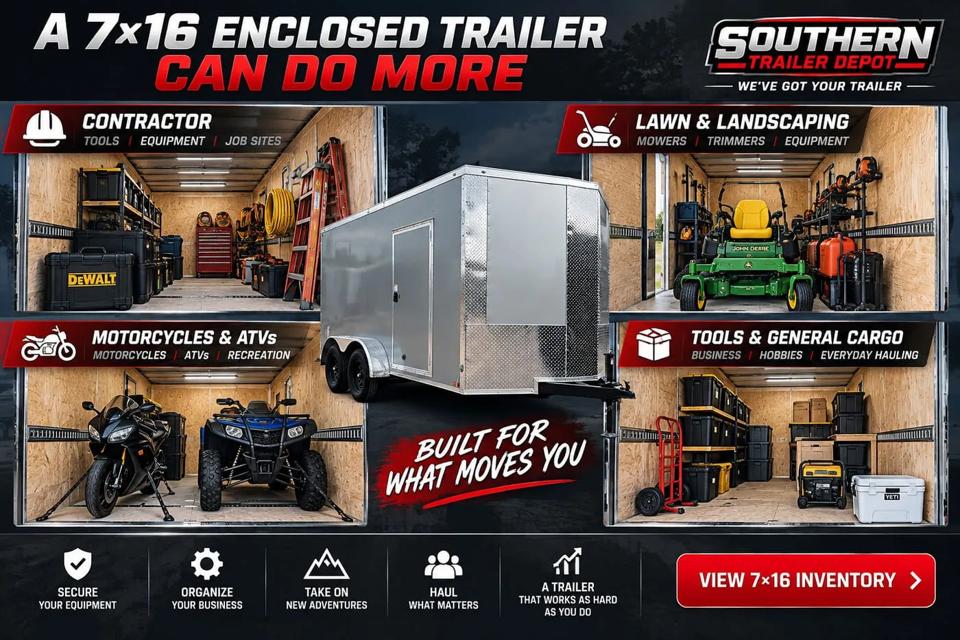 7x16 enclosed trailer use cases for contractor, landscaping, motorcycle and cargo hauling