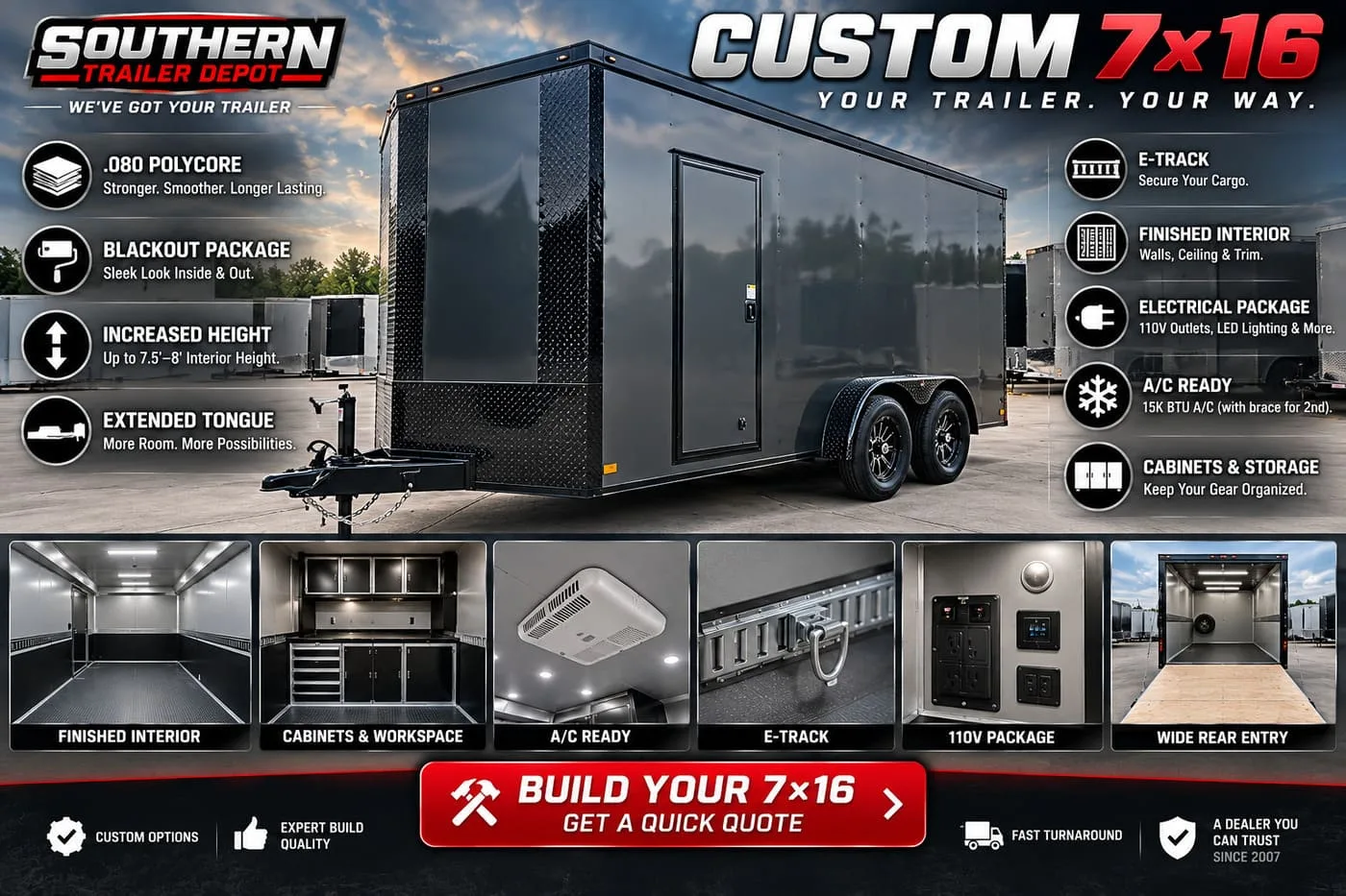Custom 7x16 enclosed trailer options including E-Track, finished interior and electrical package