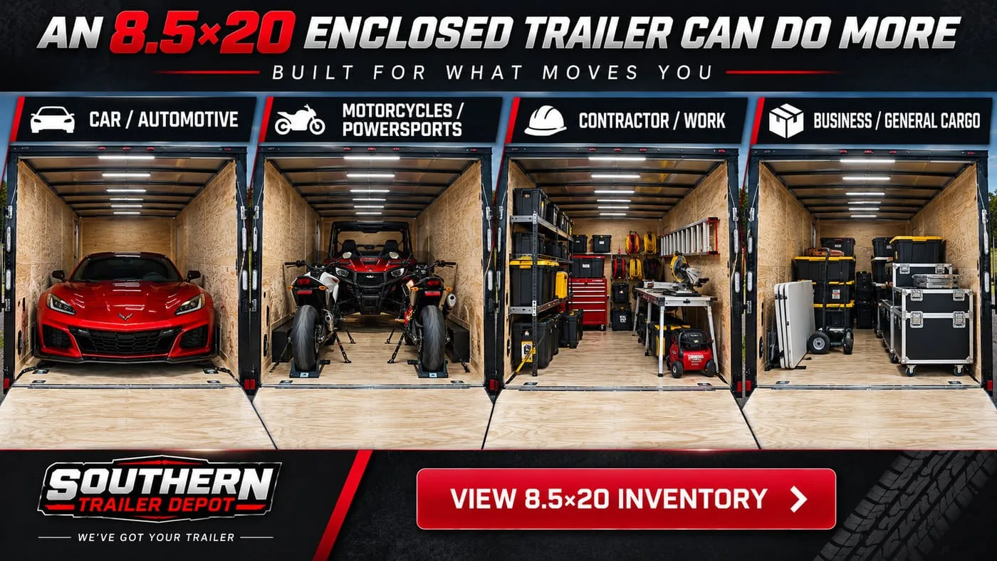 8.5x20 enclosed trailer use cases: automotive, motorcycles, contractor and business cargo