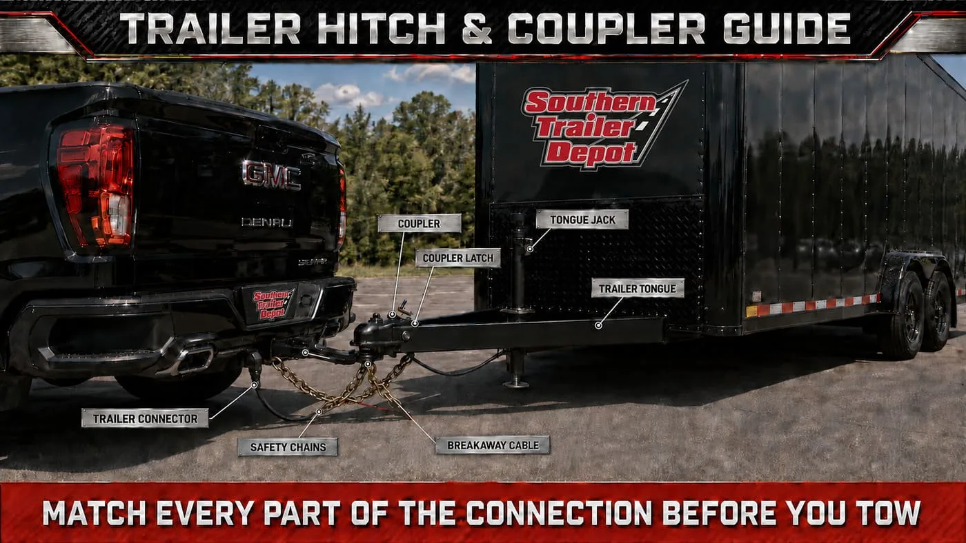 Enclosed trailer connected to a tow vehicle with the hitch, coupler, safety chains and breakaway cable visible
