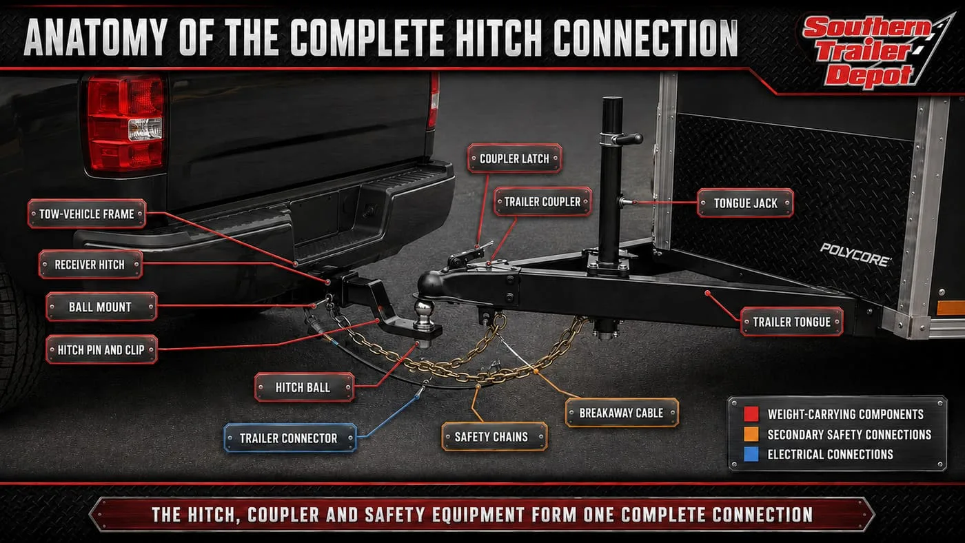 Diagram labeling the components of an enclosed-trailer hitch and coupler connection