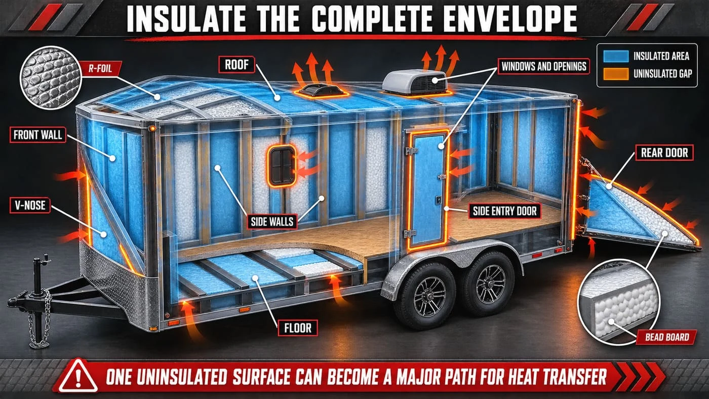 Enclosed trailer roof, wall, door and floor insulation zones