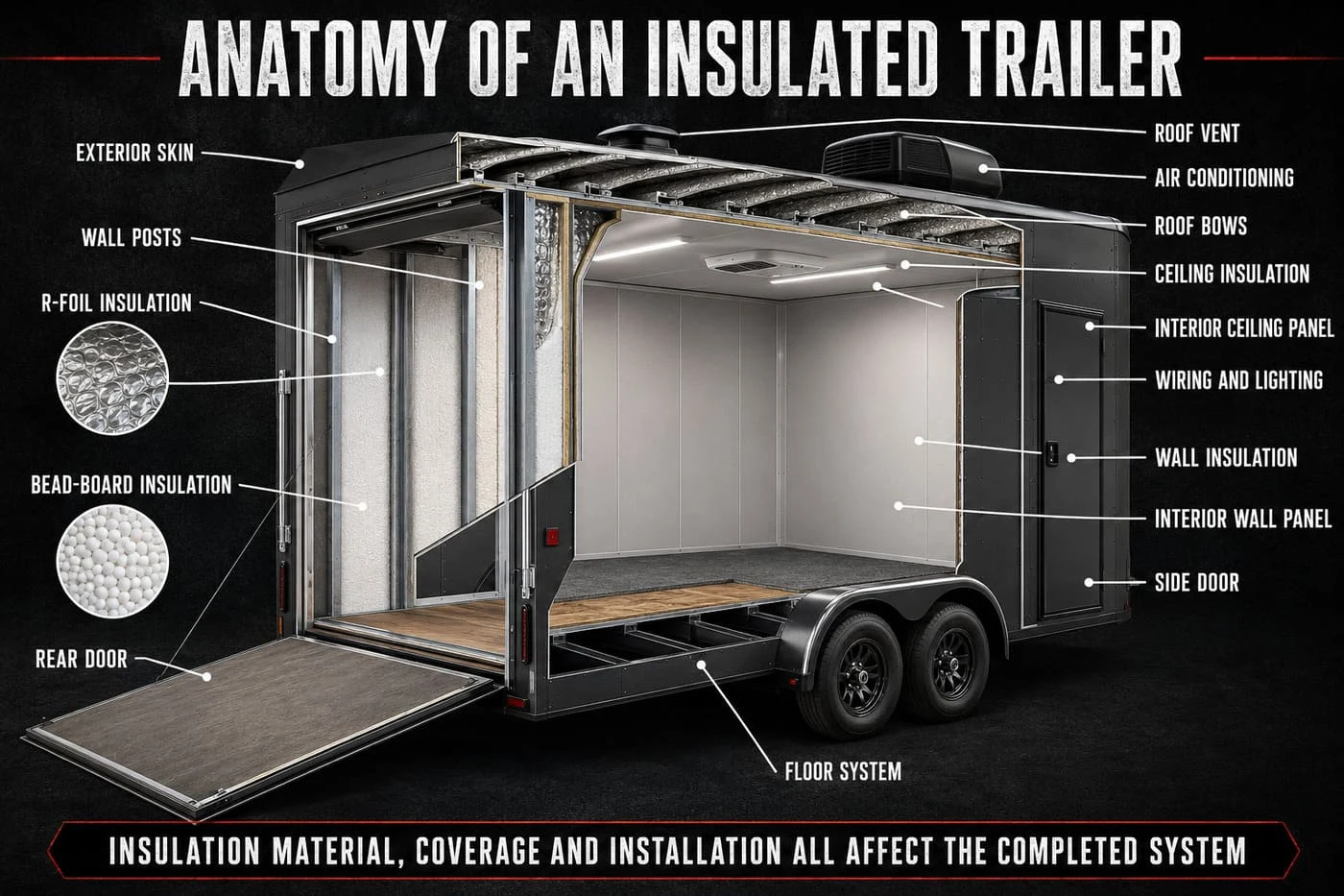 Cutaway showing R-foil and bead-board insulation inside an enclosed trailer