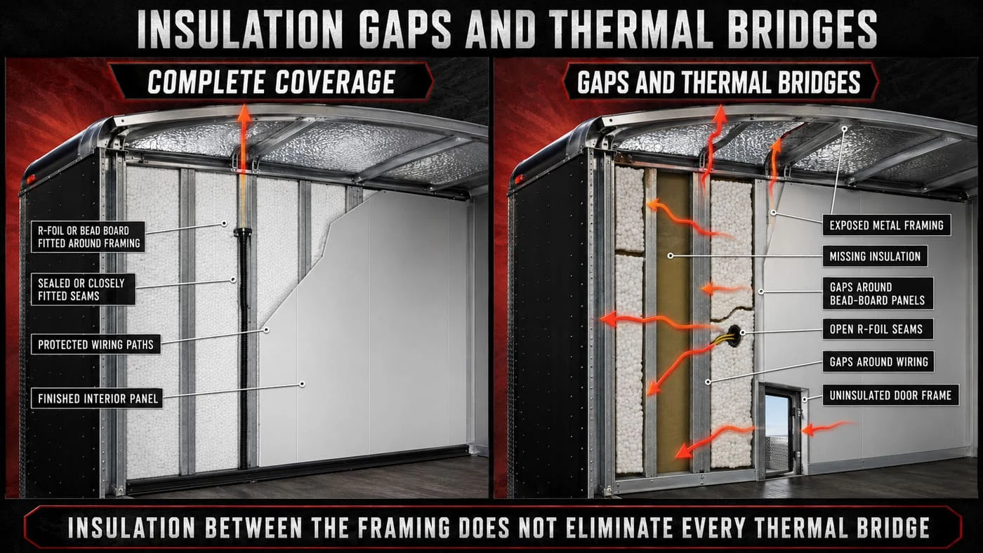 Enclosed trailer insulation gaps and metal thermal bridging