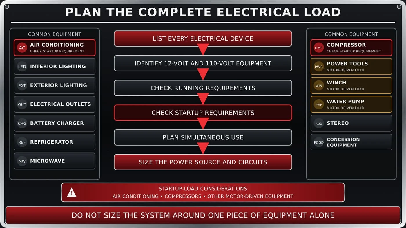 Electrical load-planning diagram for air conditioning, lights, outlets and trailer equipment