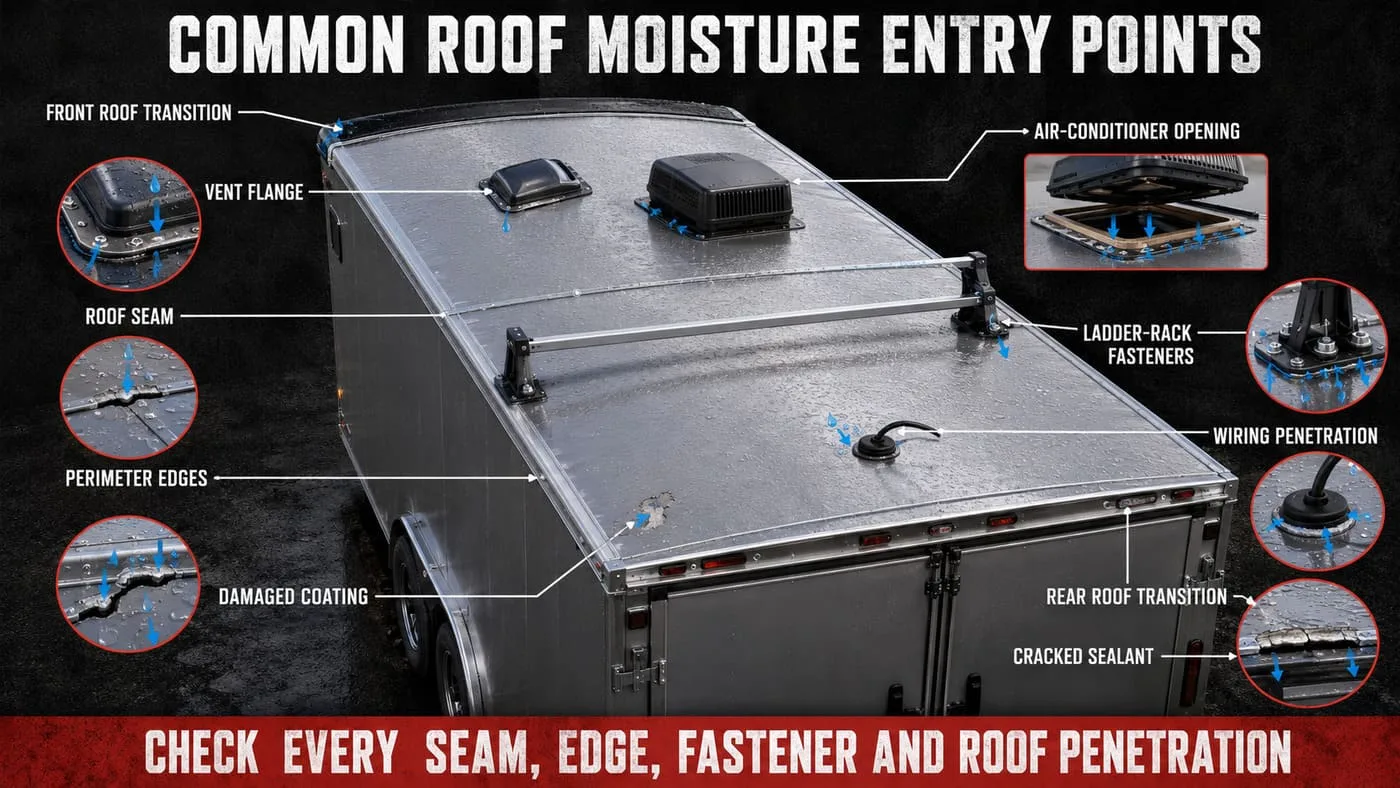 Common moisture entry points on an enclosed trailer roof